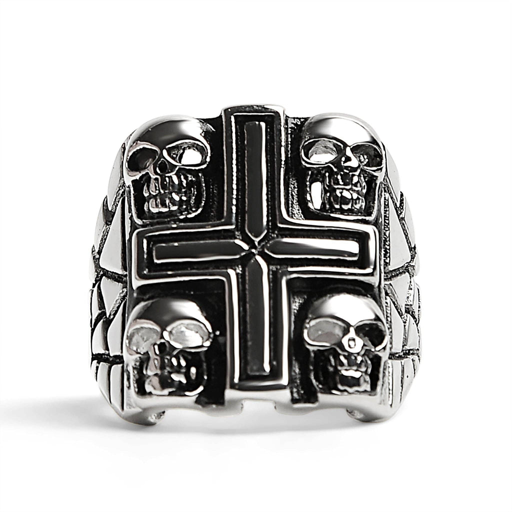 Anillo de acero inoxidable pulido con forma de cruz con múltiples calaveras: 10