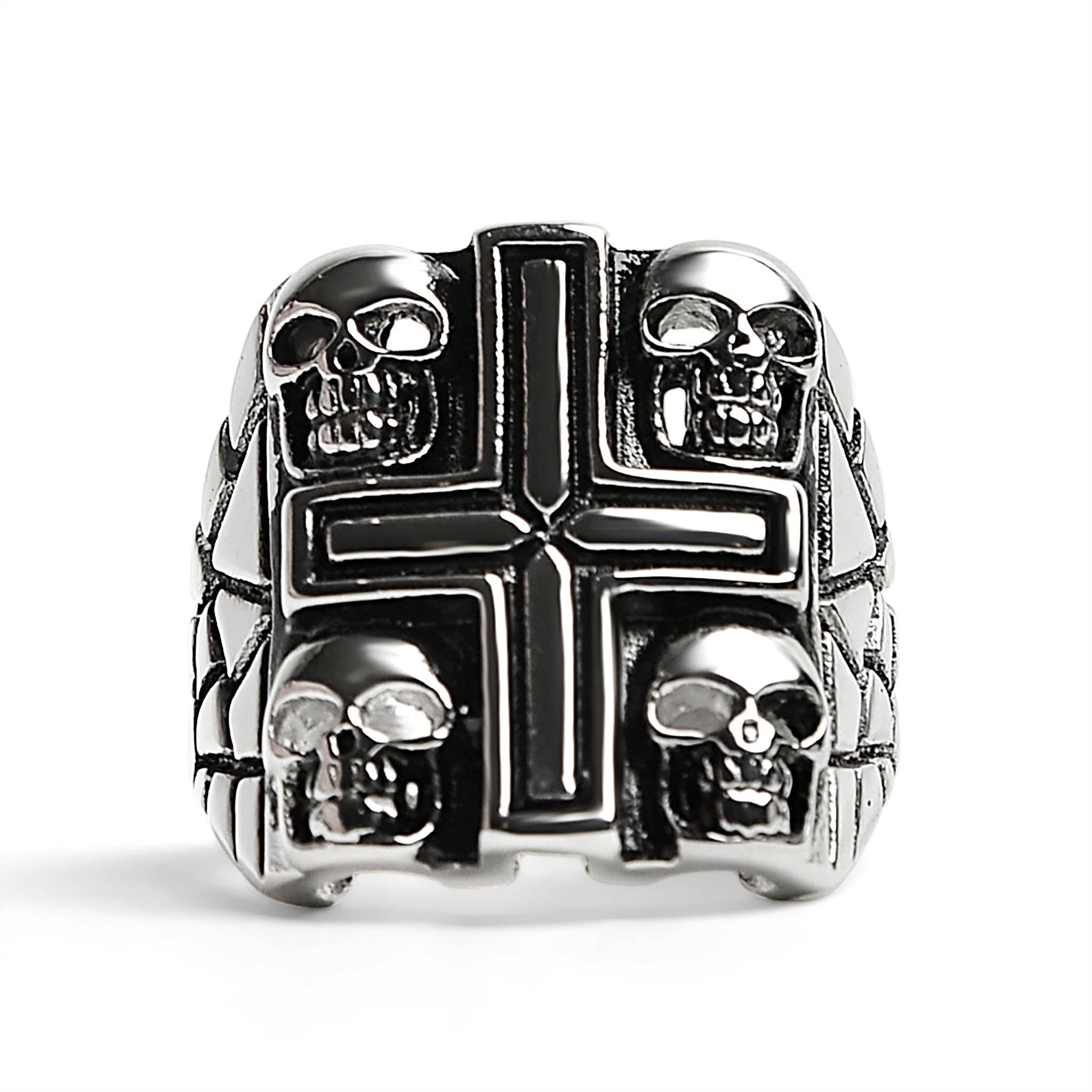 Anillo de acero inoxidable pulido con forma de cruz con múltiples calaveras: 10