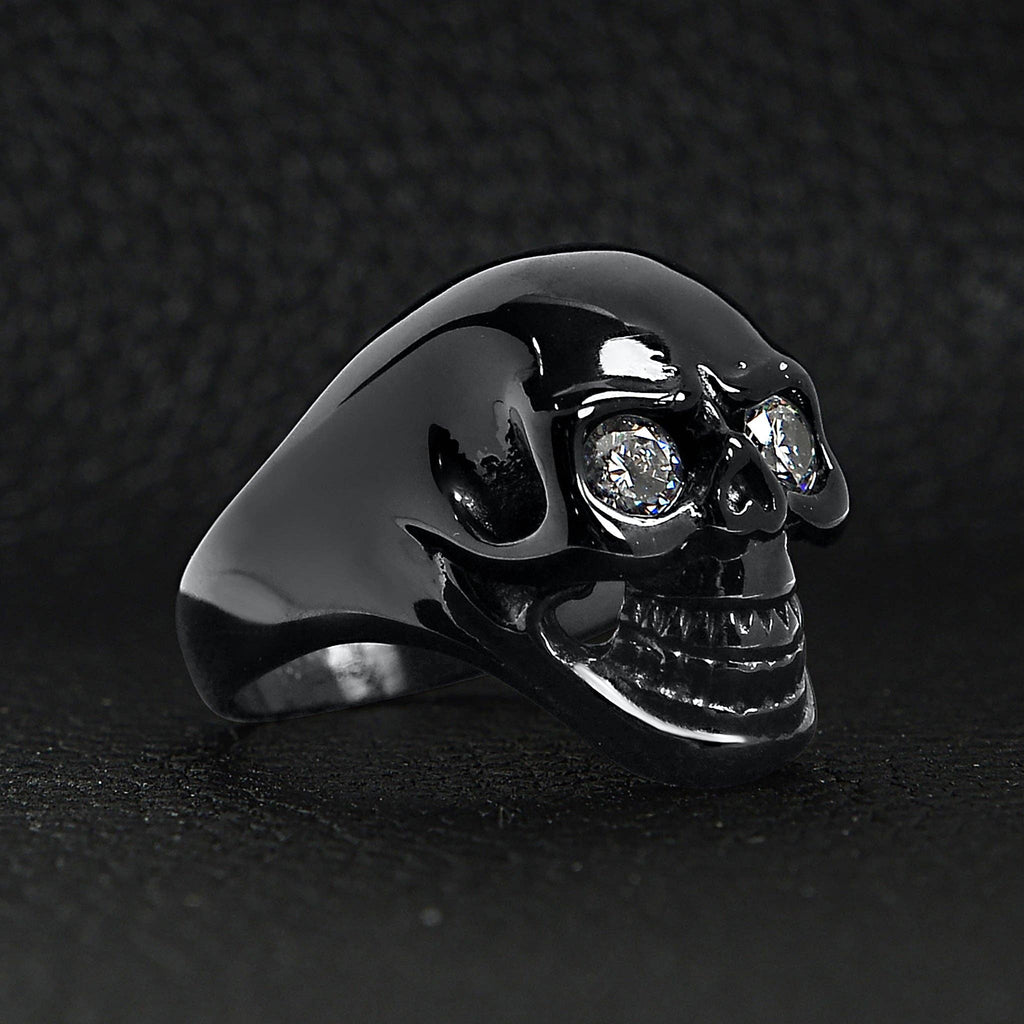 Anillo de acero inoxidable con forma de calavera negra con circonita cúbica transparente: 8