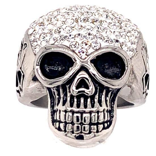 Anillo de acero inoxidable con calavera con pequeños detalles transparentes de circonita cúbica: 8
