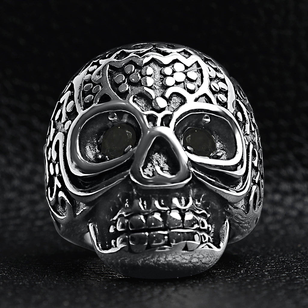 Anillo grande detallado de acero inoxidable con circonitas cúbicas negras: 8