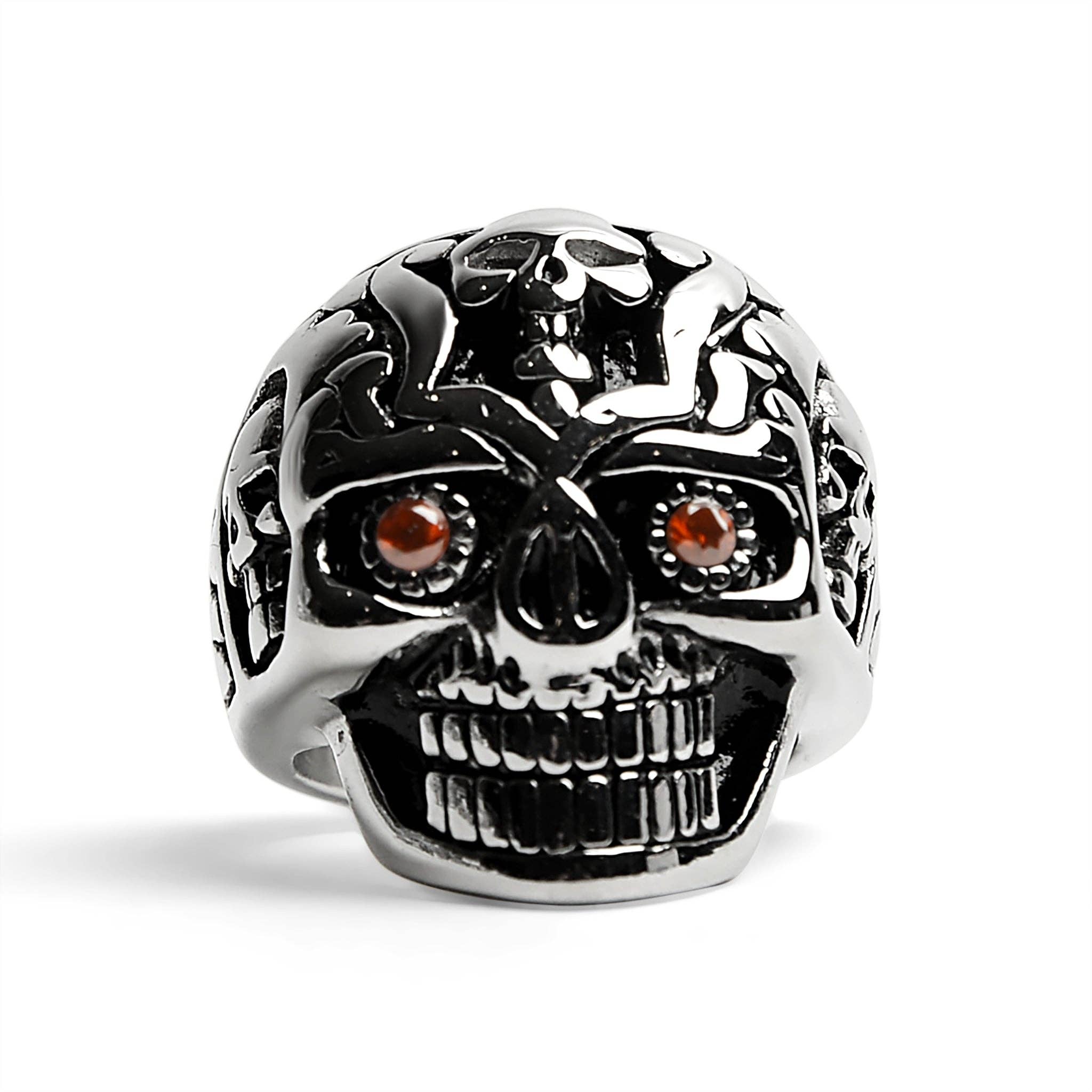 Anillo de acero inoxidable con forma de calavera de azúcar con circonita cúbica roja: 10