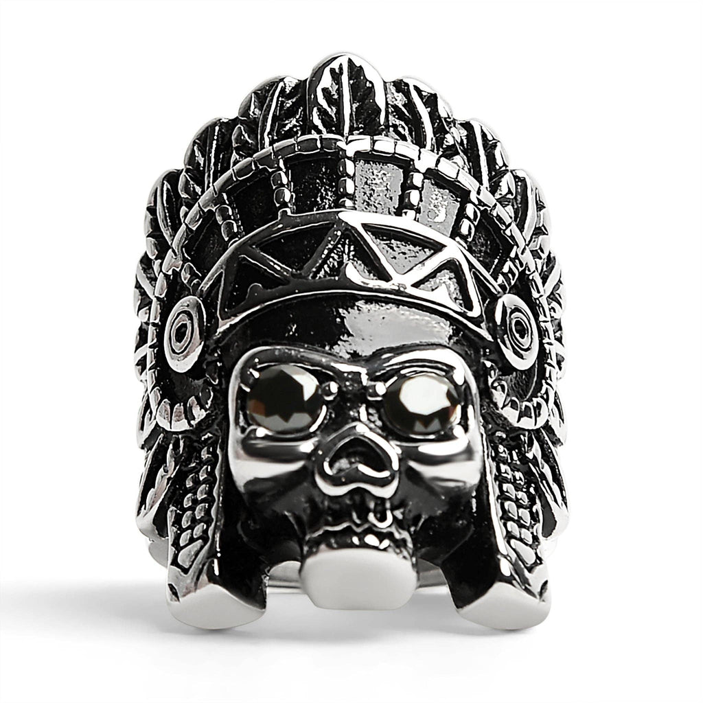 Anillo de acero inoxidable con calavera de jefe nativo americano y ojos de circonita cúbica negra: 9