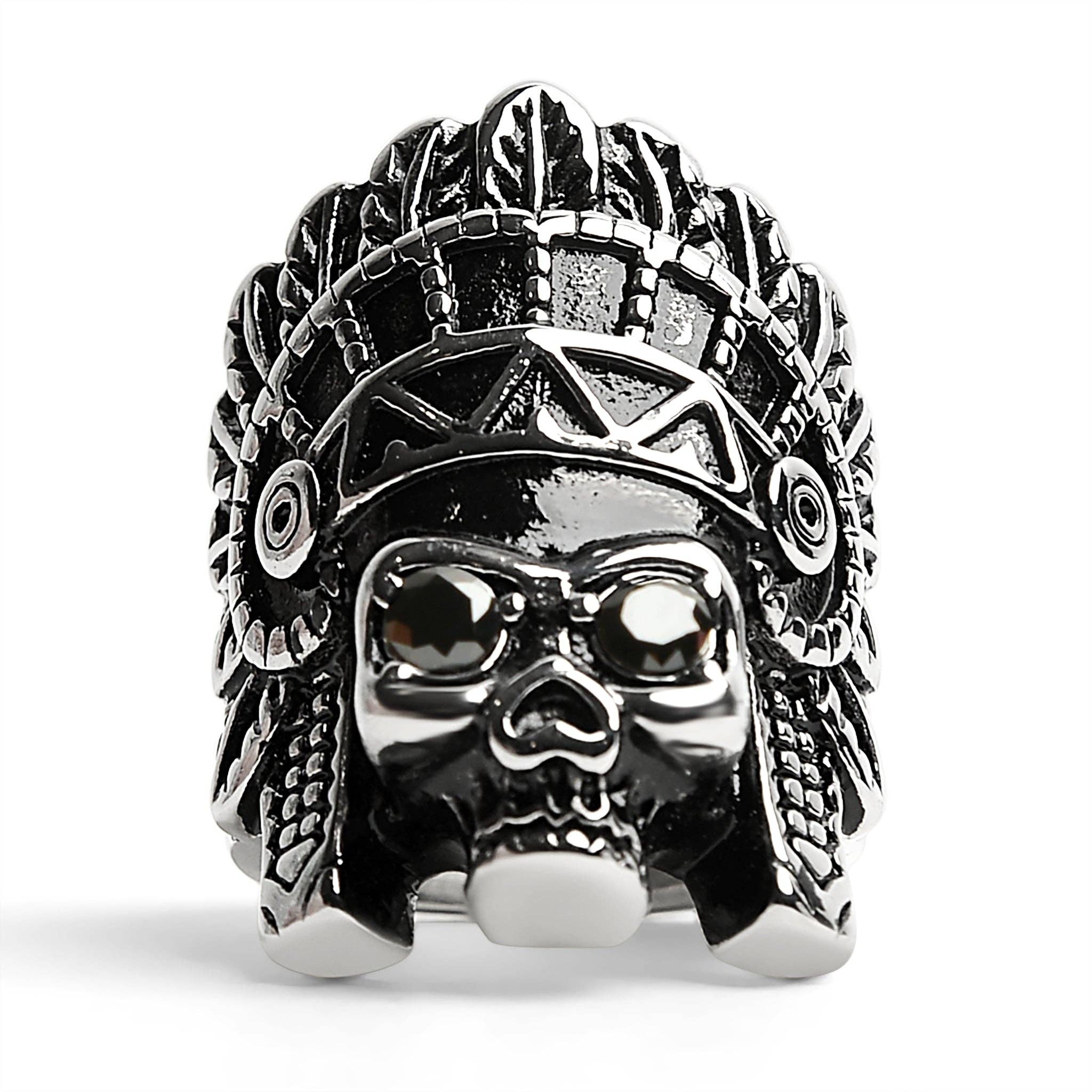 Anillo de acero inoxidable con calavera de jefe nativo americano y ojos de circonita cúbica negra: 9