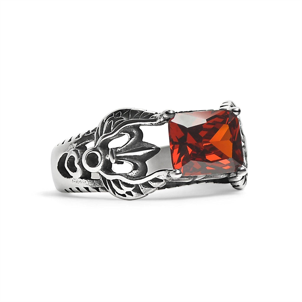 Anillo de acero inoxidable con detalles en forma de flor de lis en forma de circonita cúbica roja: 12
