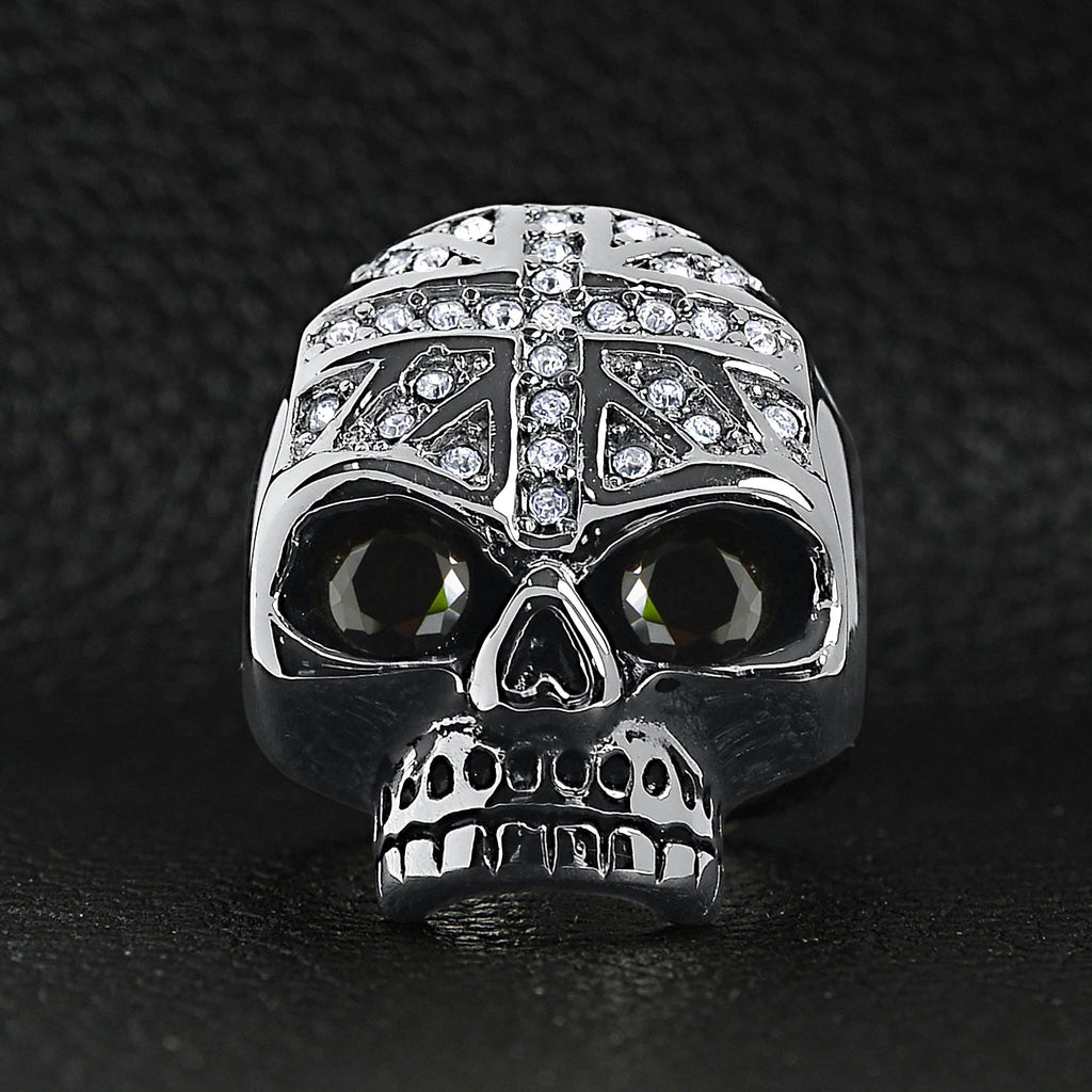 Calavera negra de acero inoxidable con circonita cúbica y anillo con bandera del Reino Unido con circonita cúbica transparente: 10