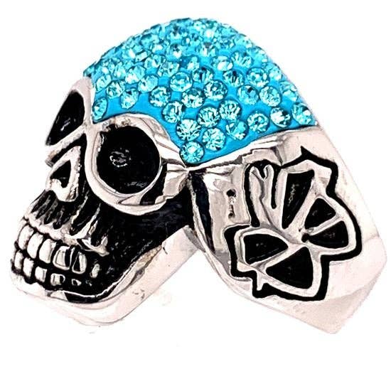 Anillo de calavera con acento de CZ azul de acero inoxidable: 8