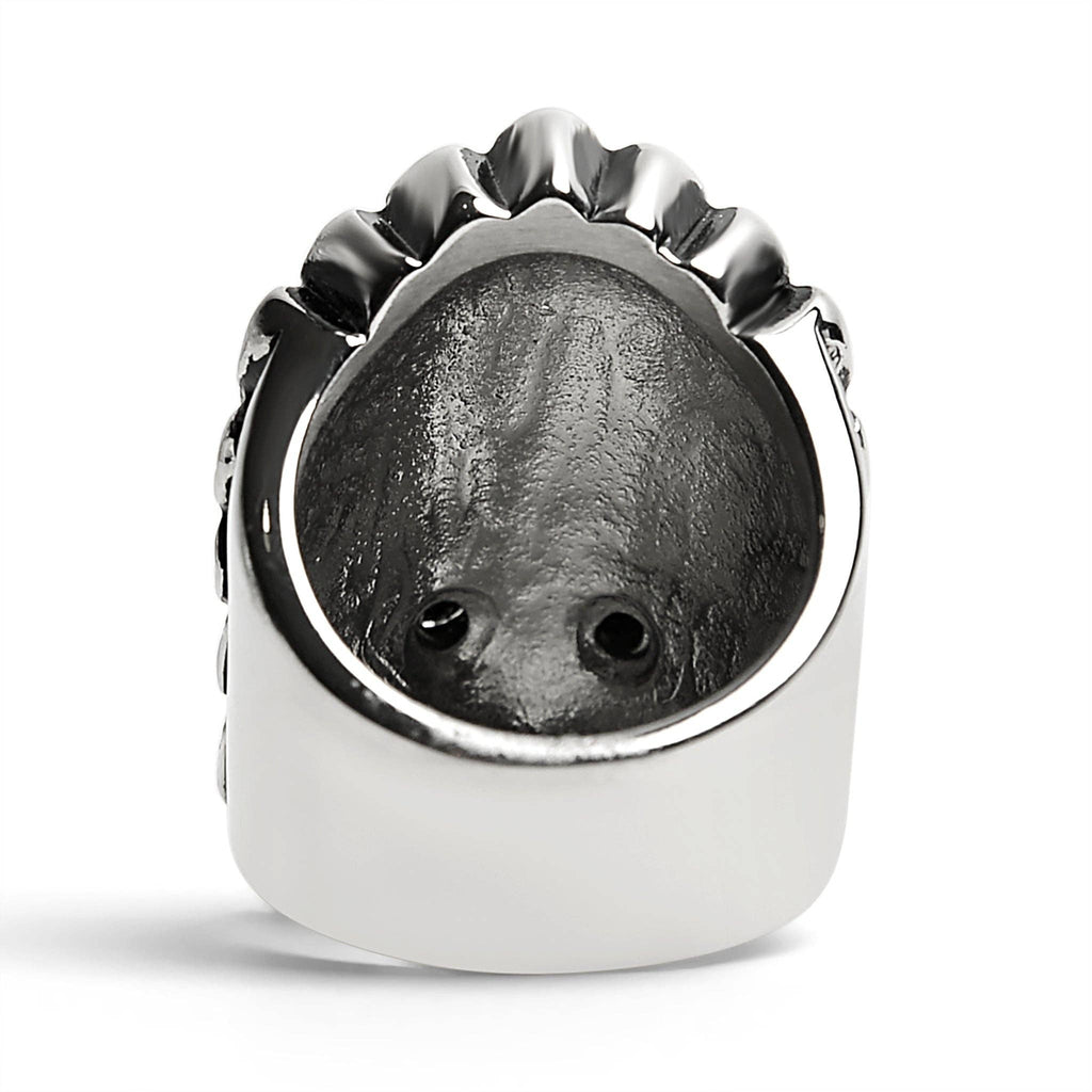 Anillo de acero inoxidable con calavera de jefe nativo americano y ojos de circonita cúbica negra: 9