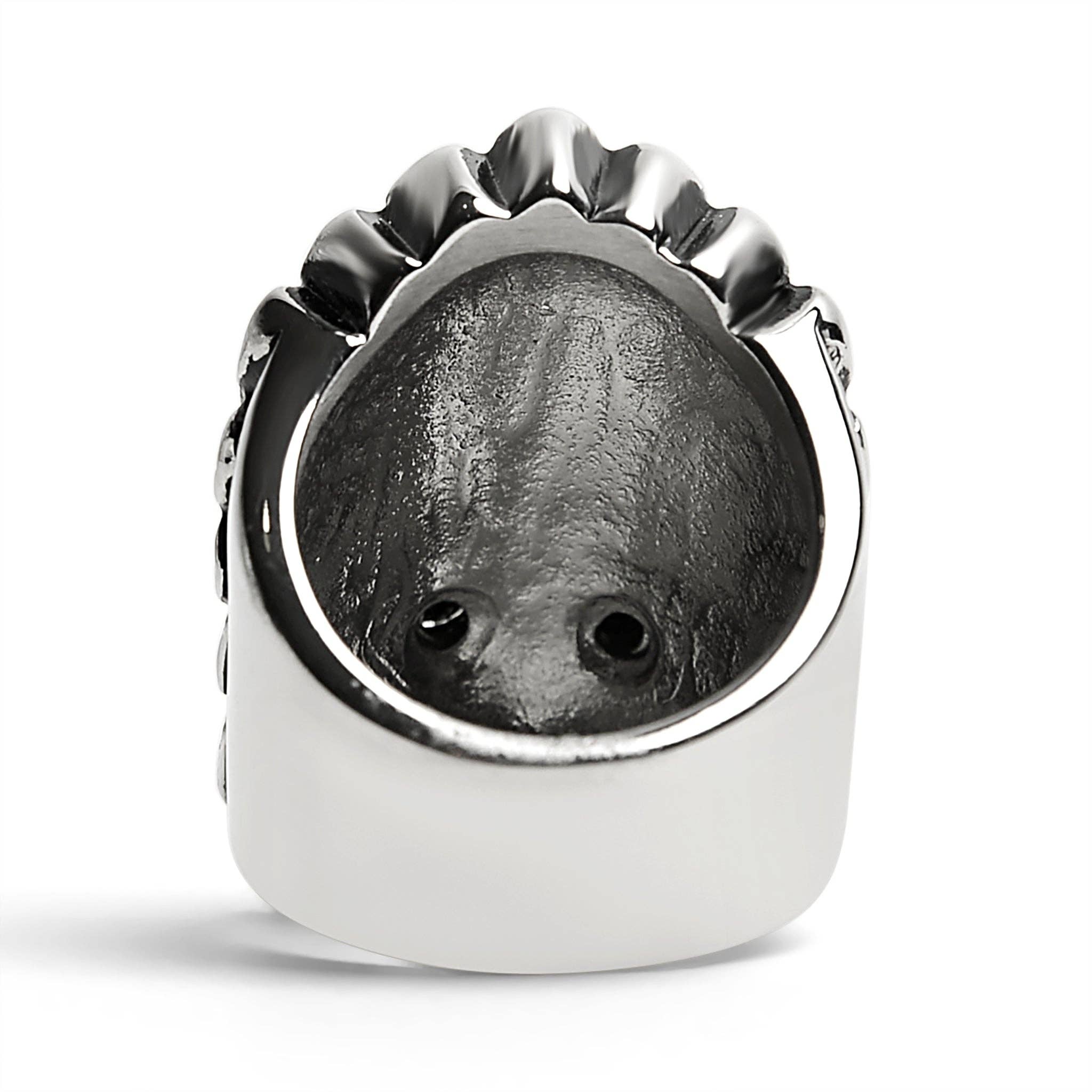 Anillo de acero inoxidable con calavera de jefe nativo americano y ojos de circonita cúbica negra: 9