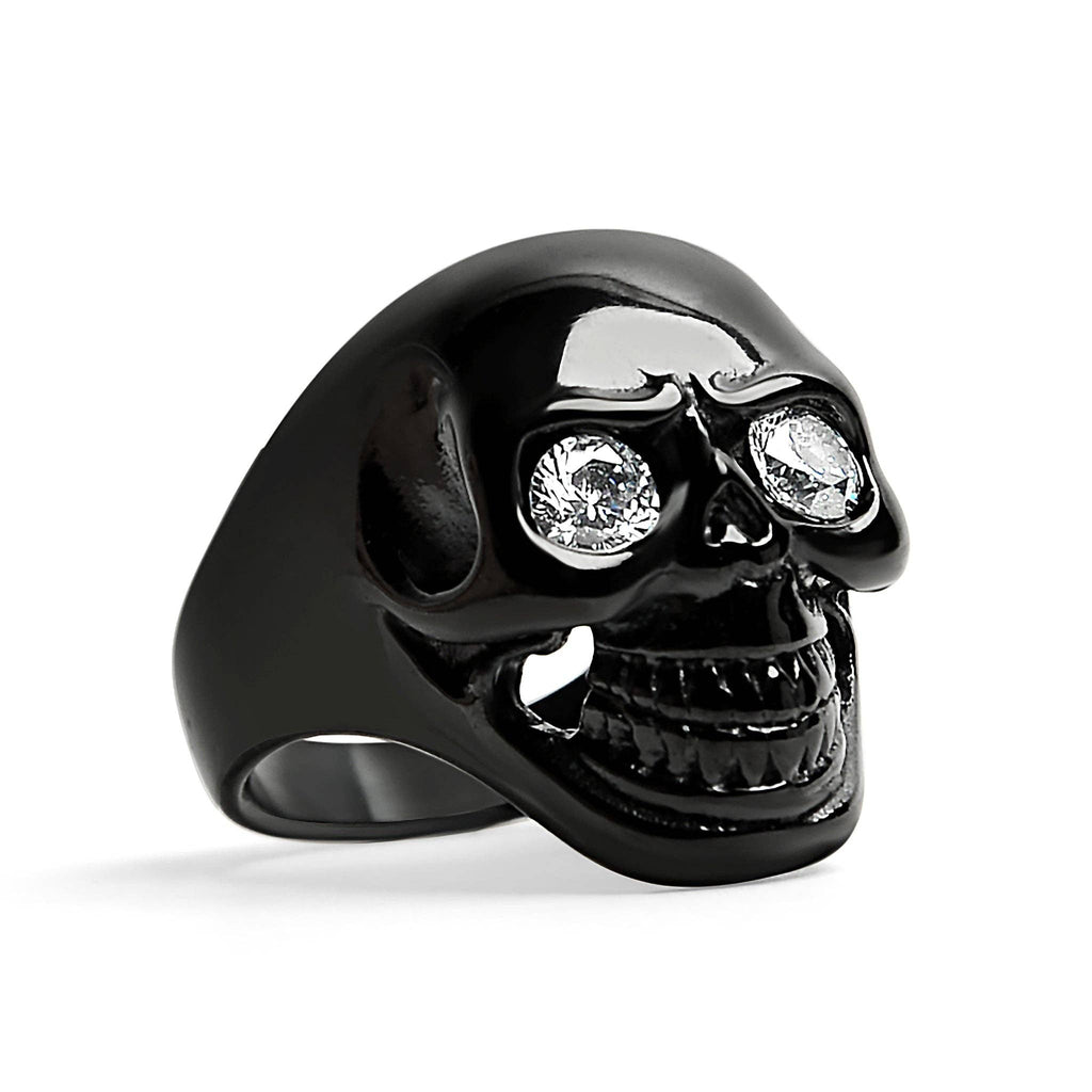 Anillo de acero inoxidable con forma de calavera negra con circonita cúbica transparente: 8