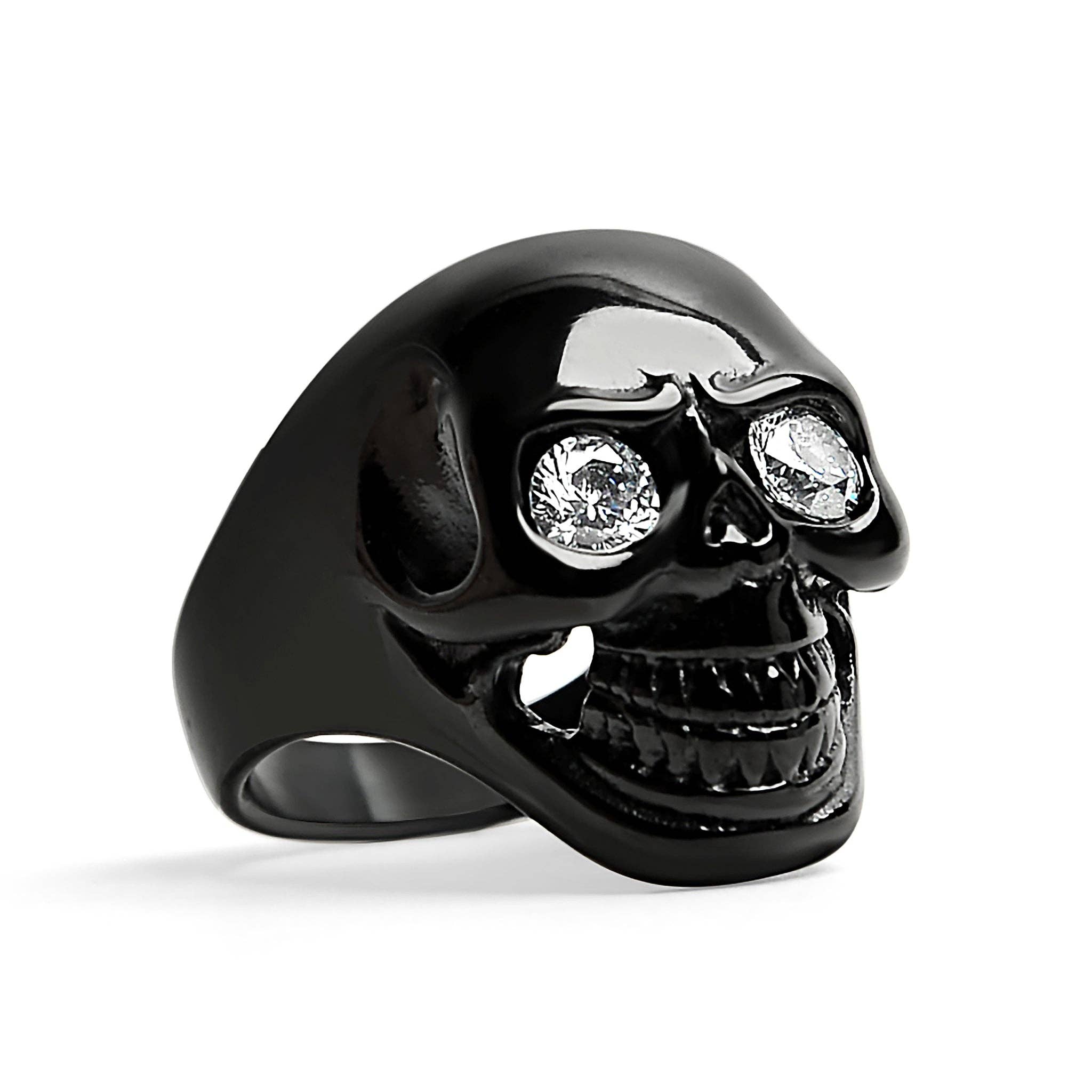 Anillo de acero inoxidable con forma de calavera negra con circonita cúbica transparente: 8