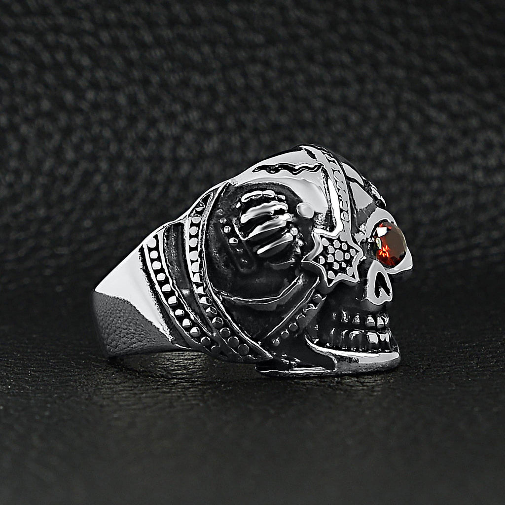 Calavera de acero inoxidable con circonita cúbica roja en forma de ojo y anillo de parche: 9