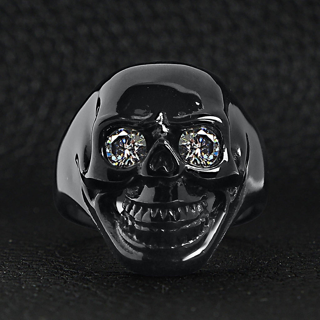 Anillo de acero inoxidable con forma de calavera negra con circonita cúbica transparente: 8