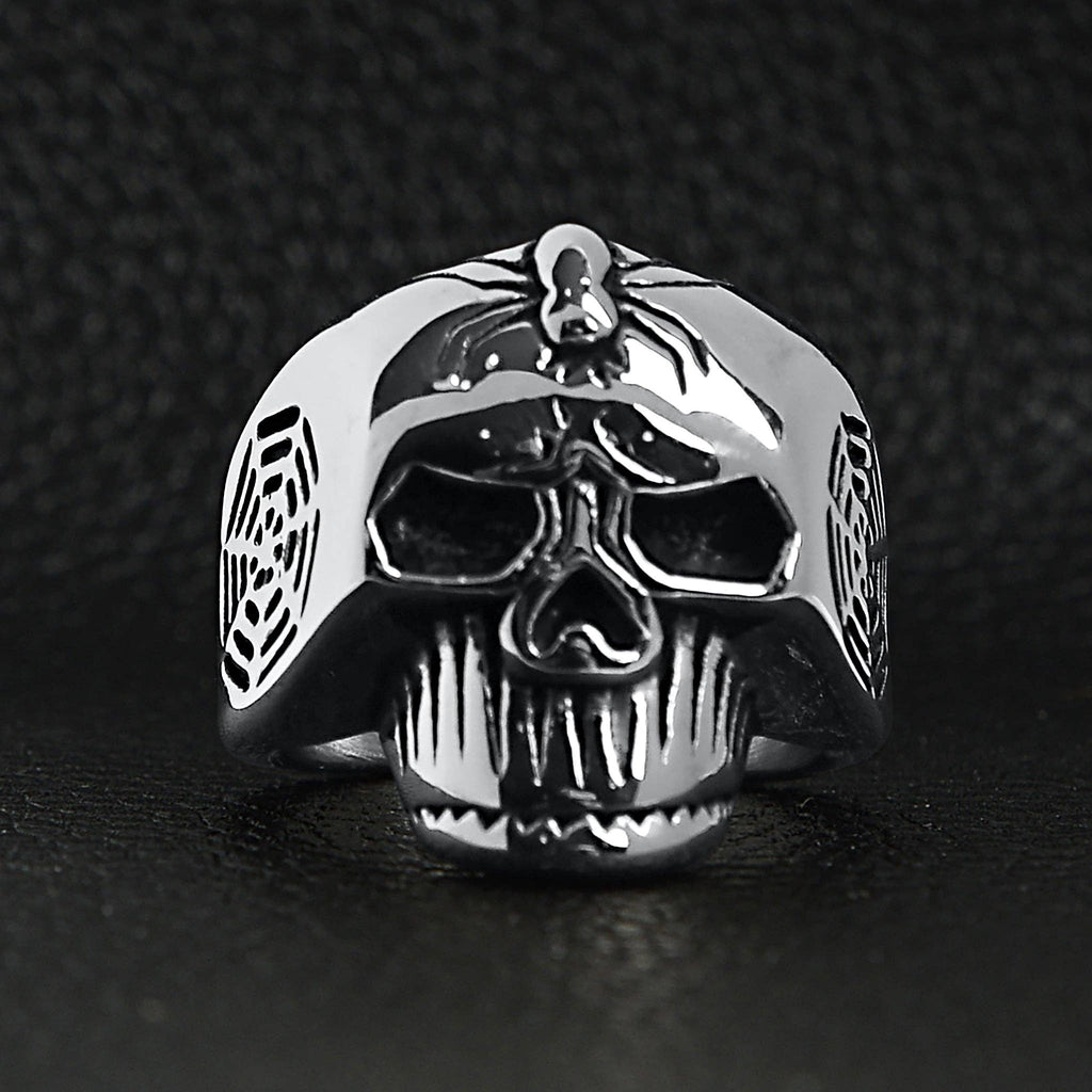 Anillo de calavera de acero inoxidable con detalles de araña y telaraña: 11