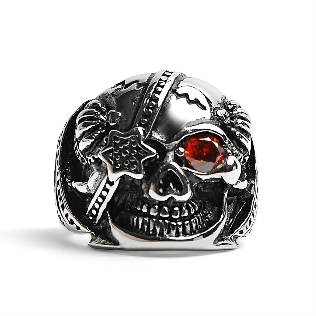 Calavera de acero inoxidable con circonita cúbica roja en forma de ojo y anillo de parche: 9