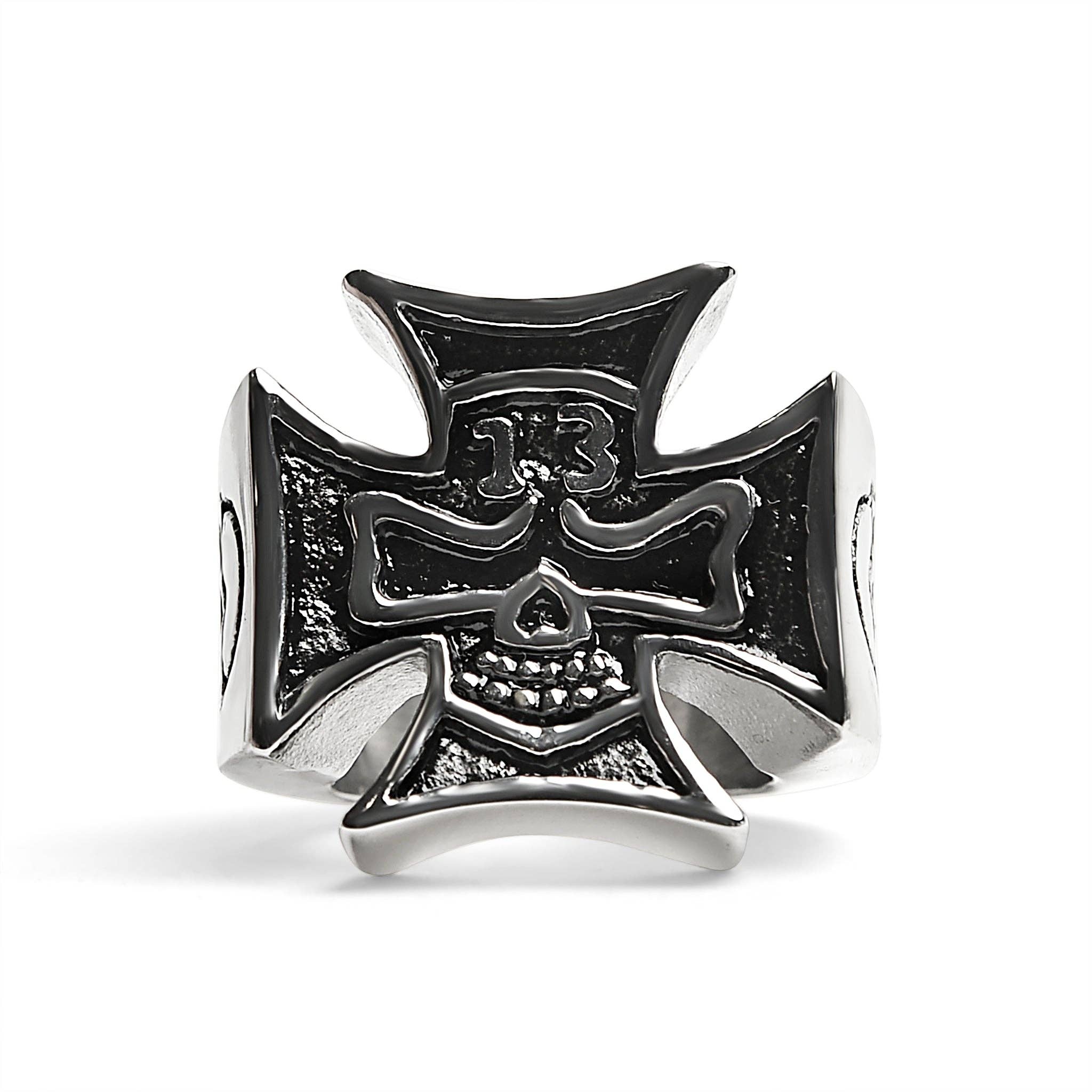 Anillo grande de acero inoxidable con forma de calavera de 13 pulgadas en forma de cruz maltesa: 10