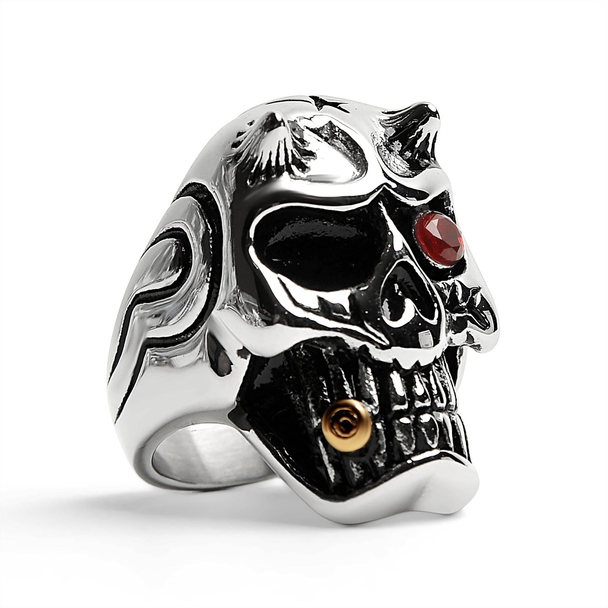 Anillo de cigarro de acero inoxidable con forma de calavera de diablo con circonita cúbica roja para fumar en oro de 18 quilates con revestimiento de PVD: 10