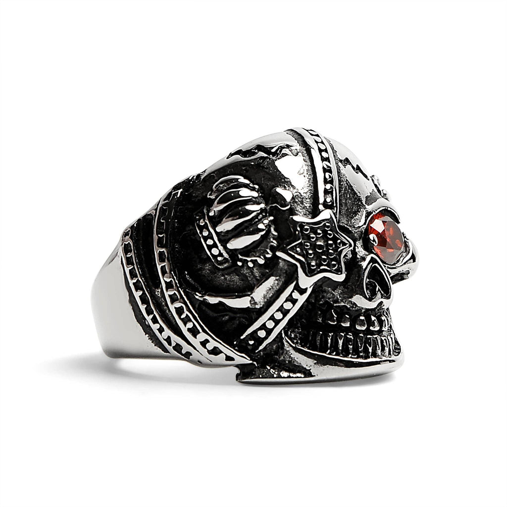 Calavera de acero inoxidable con circonita cúbica roja en forma de ojo y anillo de parche: 9