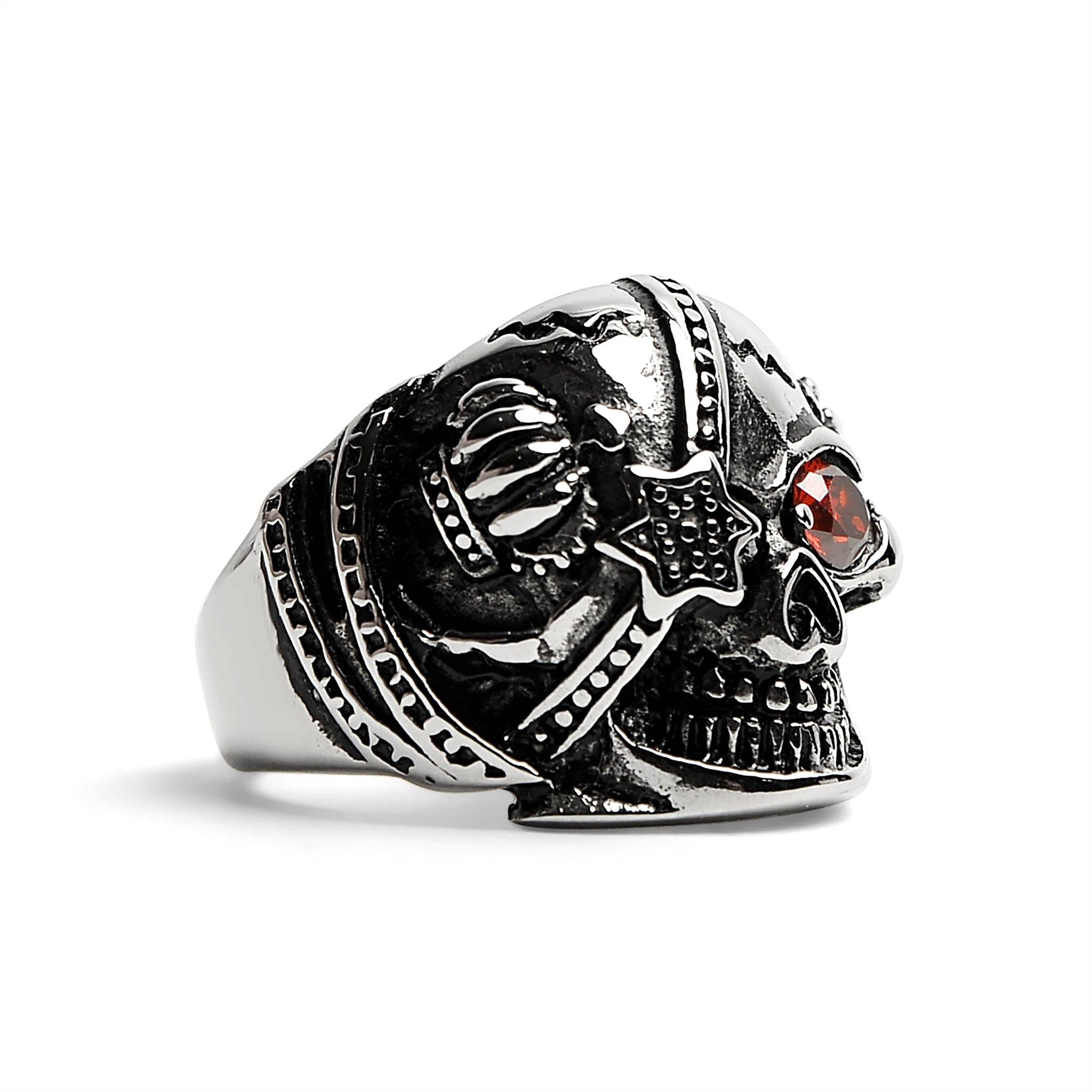 Calavera de acero inoxidable con circonita cúbica roja en forma de ojo y anillo de parche: 9