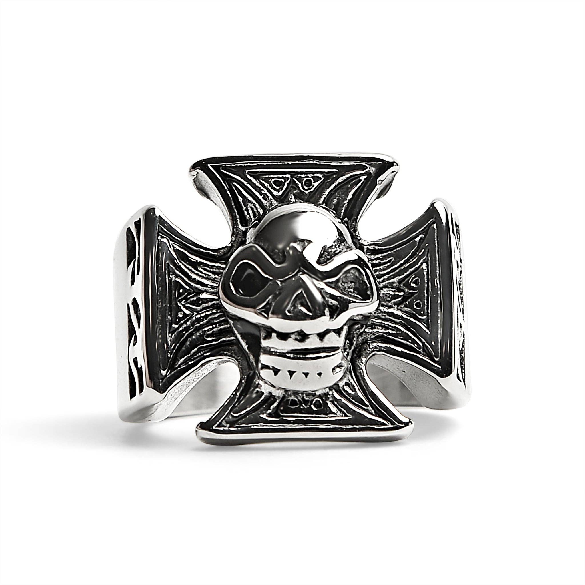 Anillo de acero inoxidable con forma de cruz maltesa con calavera pulida: 10