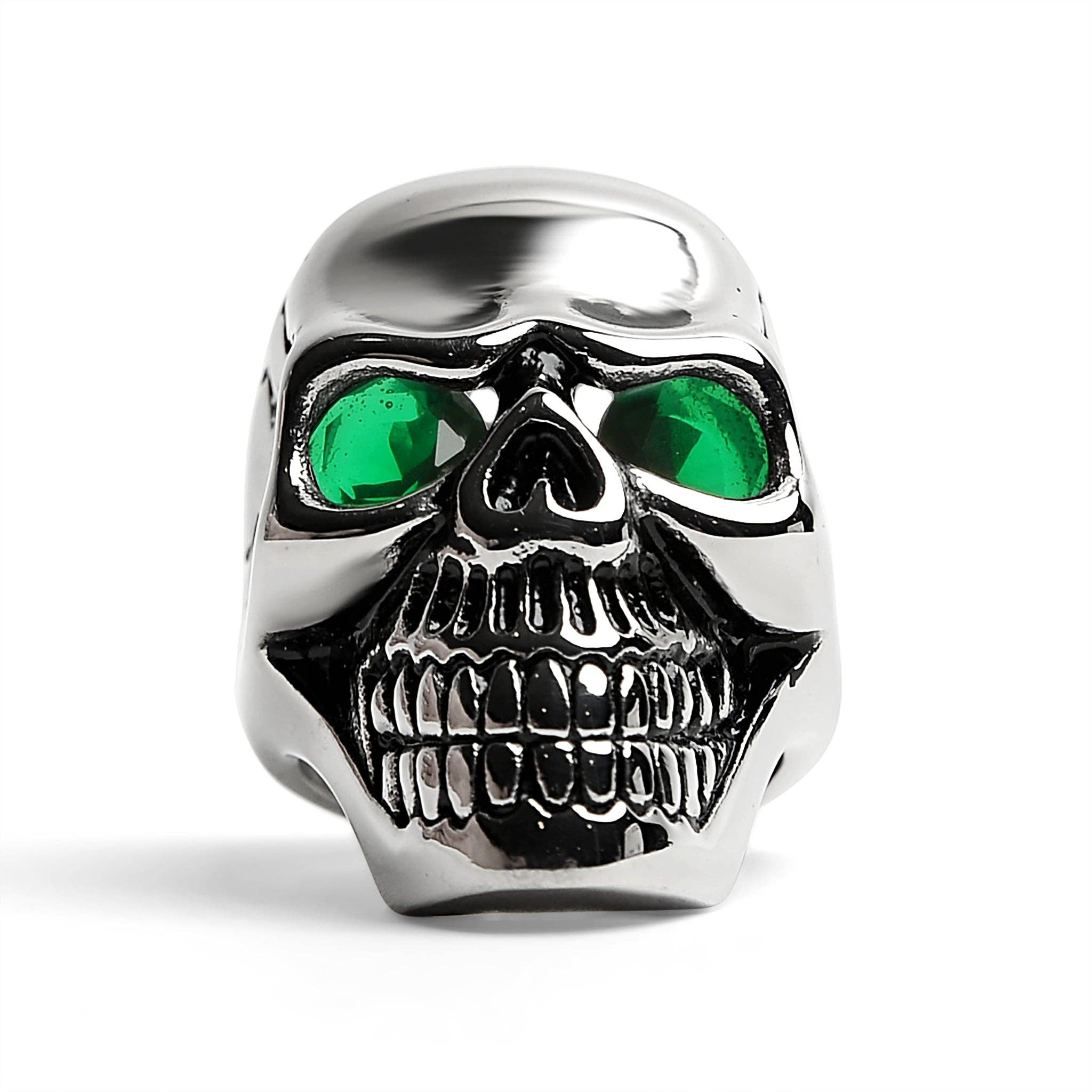 Anillo de acero inoxidable con forma de calavera agrietada con circonita cúbica verde: 12