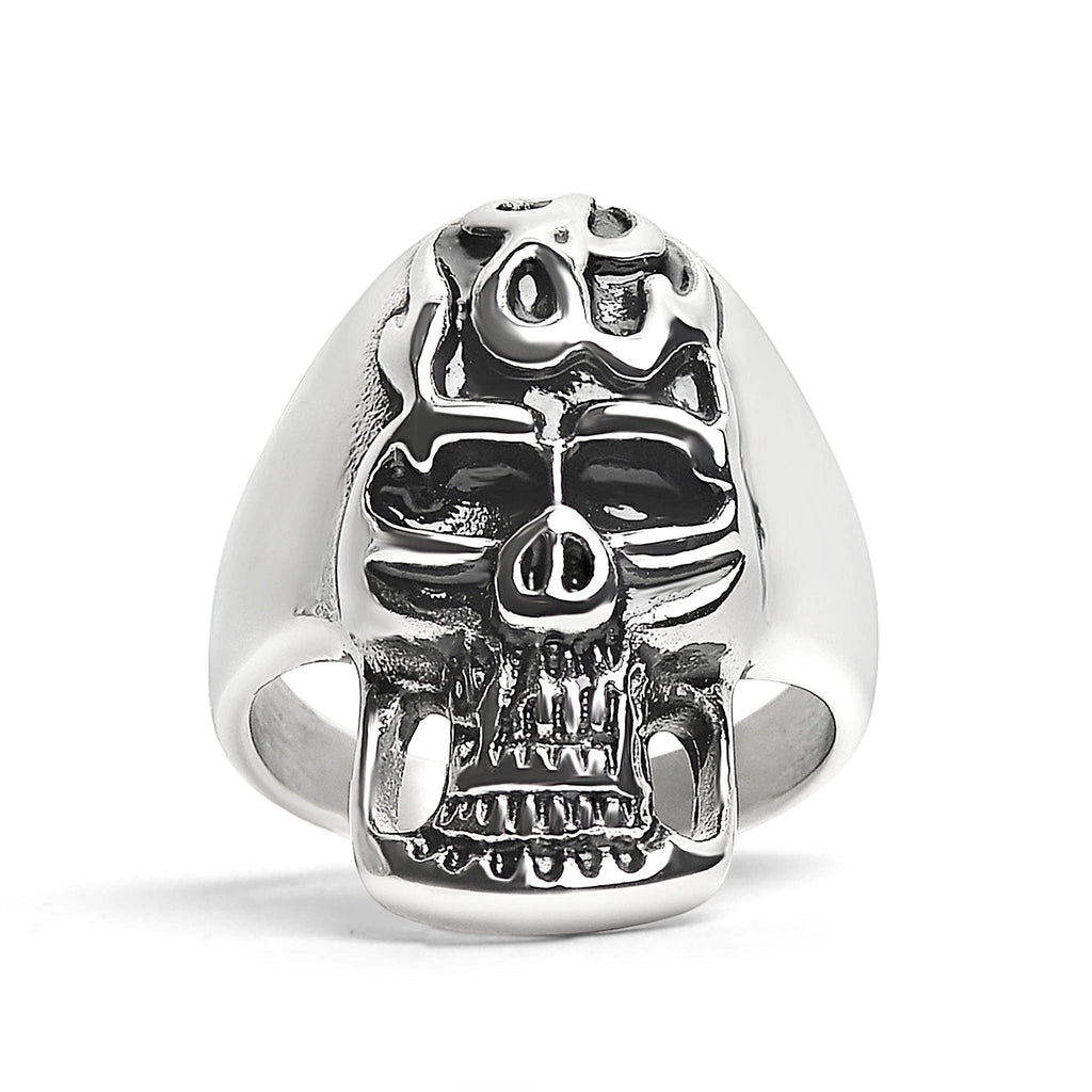 Anillo de acero inoxidable pulido con forma de calavera en llamas: 7