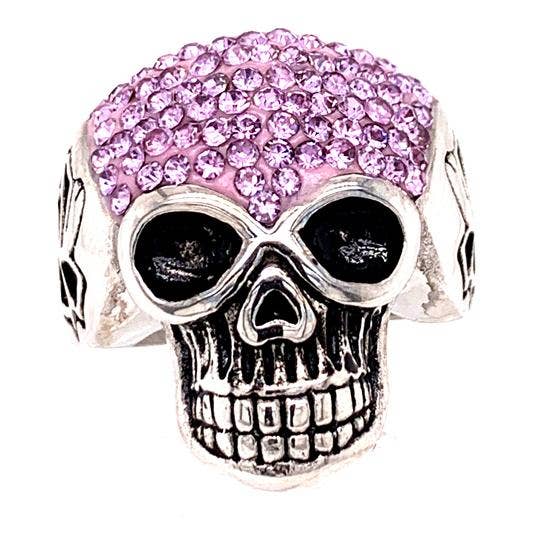Anillo de acero inoxidable con forma de calavera con pequeñas piedras circonicas con detalles morados de color lila: 8