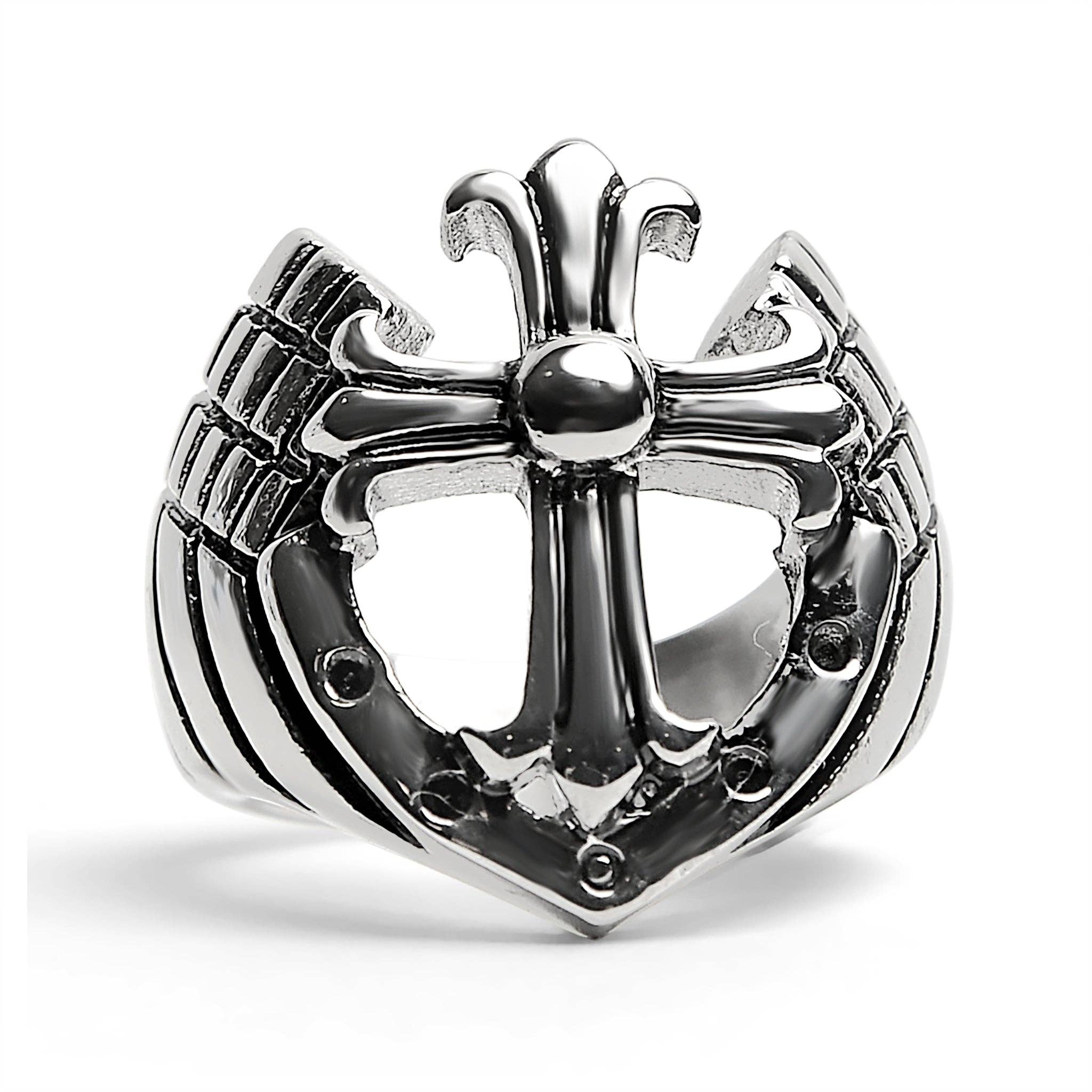 Anillo de acero inoxidable con forma de cruz recortada con detalle: 10