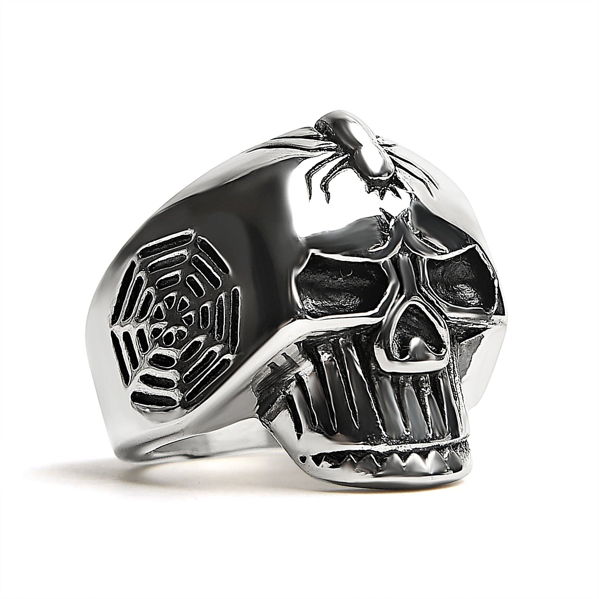 Anillo de calavera de acero inoxidable con detalles de araña y telaraña: 11