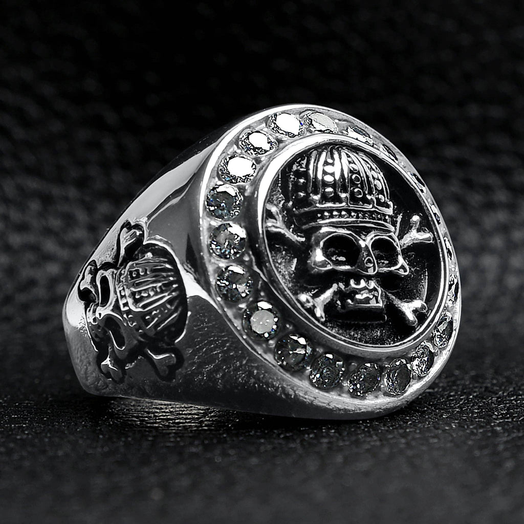 Anillo de acero inoxidable con forma de calavera real y tibias cruzadas con piedras decorativas de circonita cúbica/SCR4052: 7