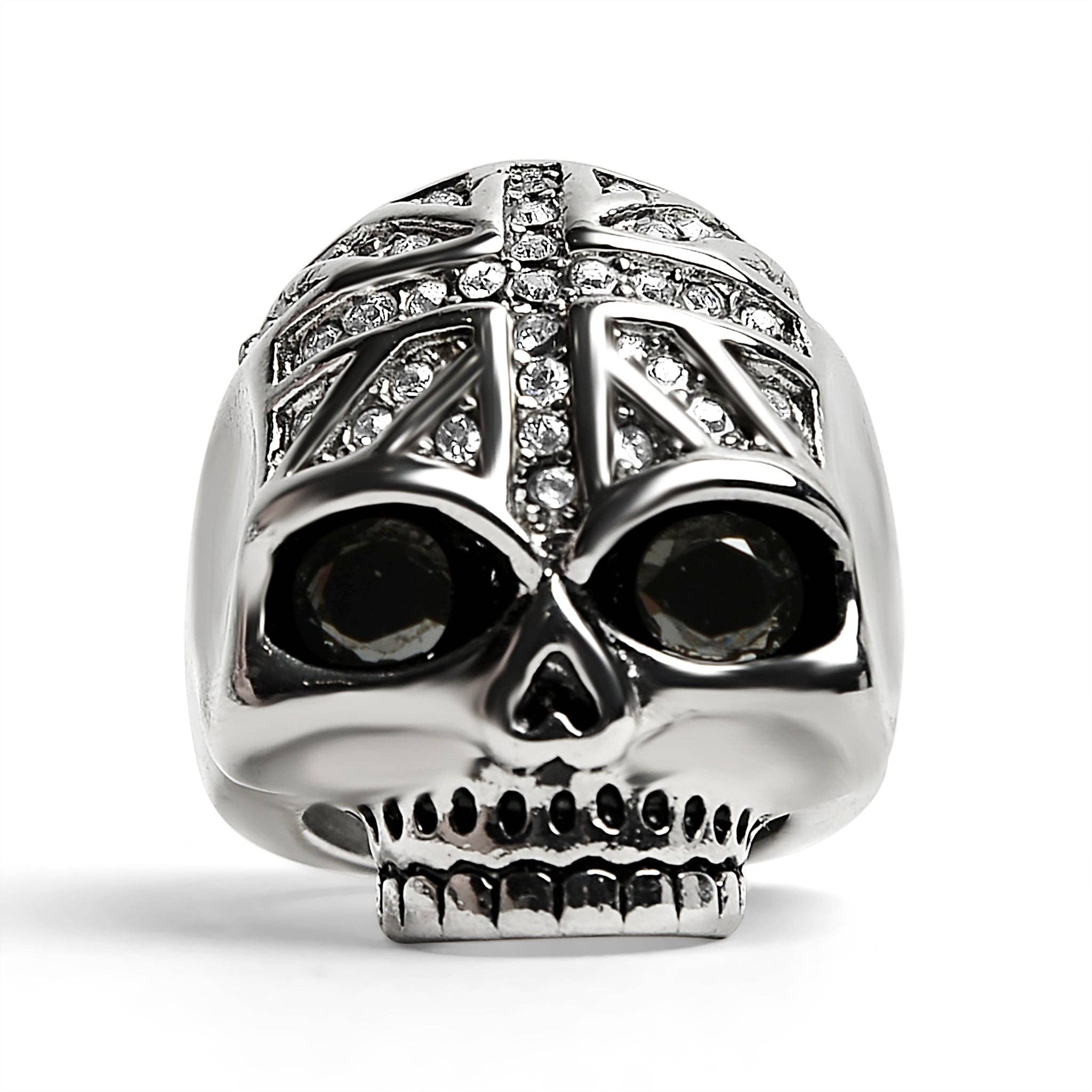 Calavera negra de acero inoxidable con circonita cúbica y anillo con bandera del Reino Unido con circonita cúbica transparente: 10
