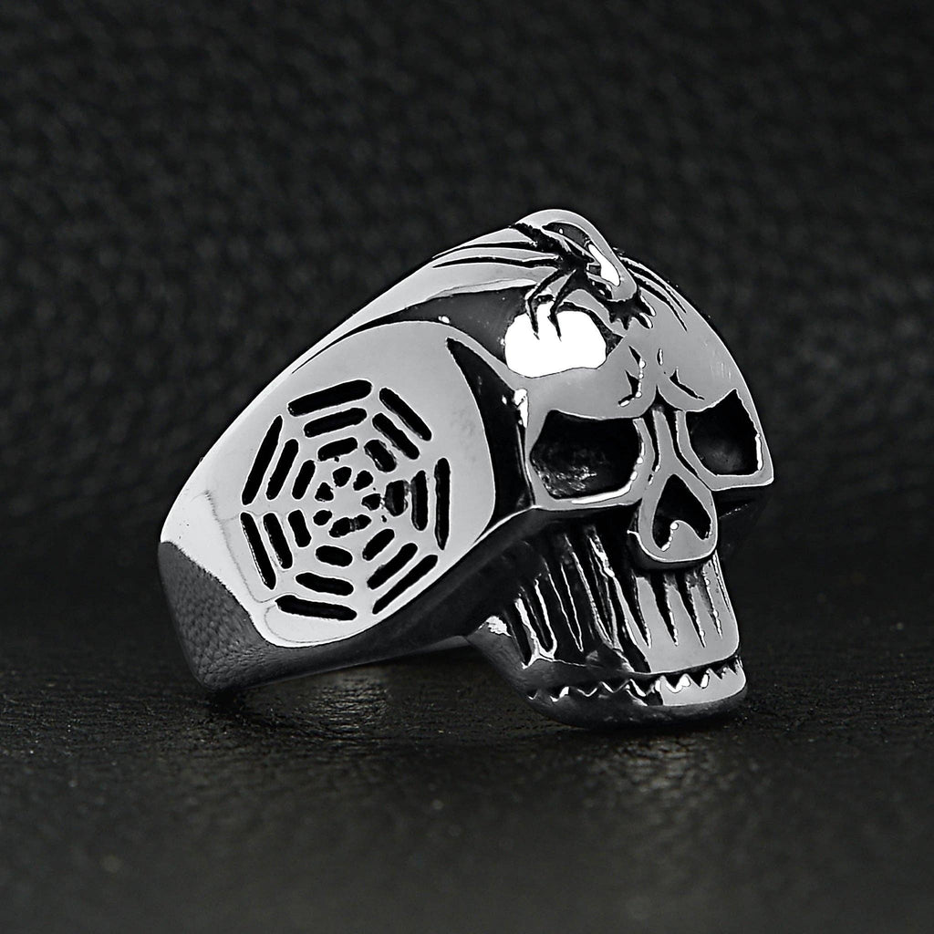 Anillo de calavera de acero inoxidable con detalles de araña y telaraña: 11