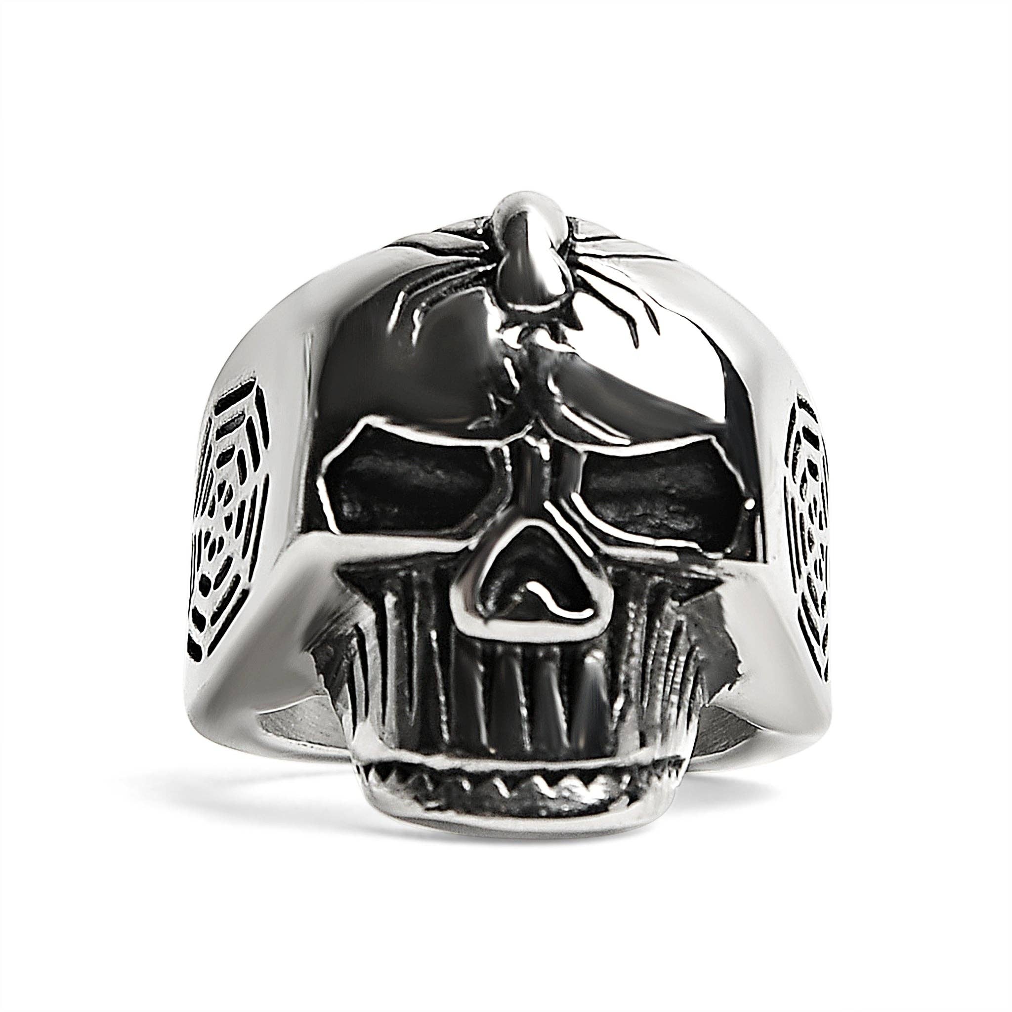 Anillo de calavera de acero inoxidable con detalles de araña y telaraña: 11
