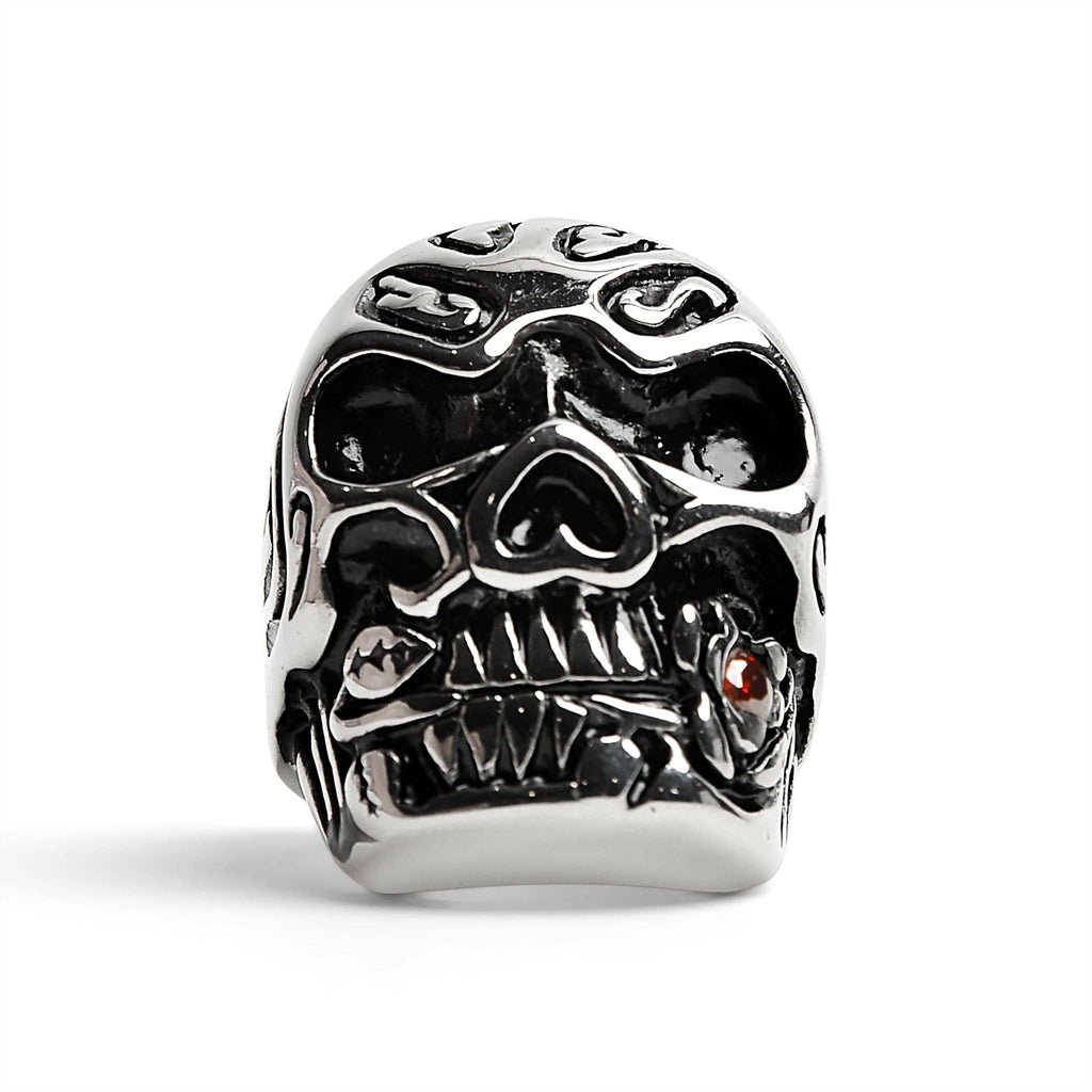 Anillo de Calavera de Acero Inoxidable Mordiendo una Rosa con Accento de CZ Roja: 10