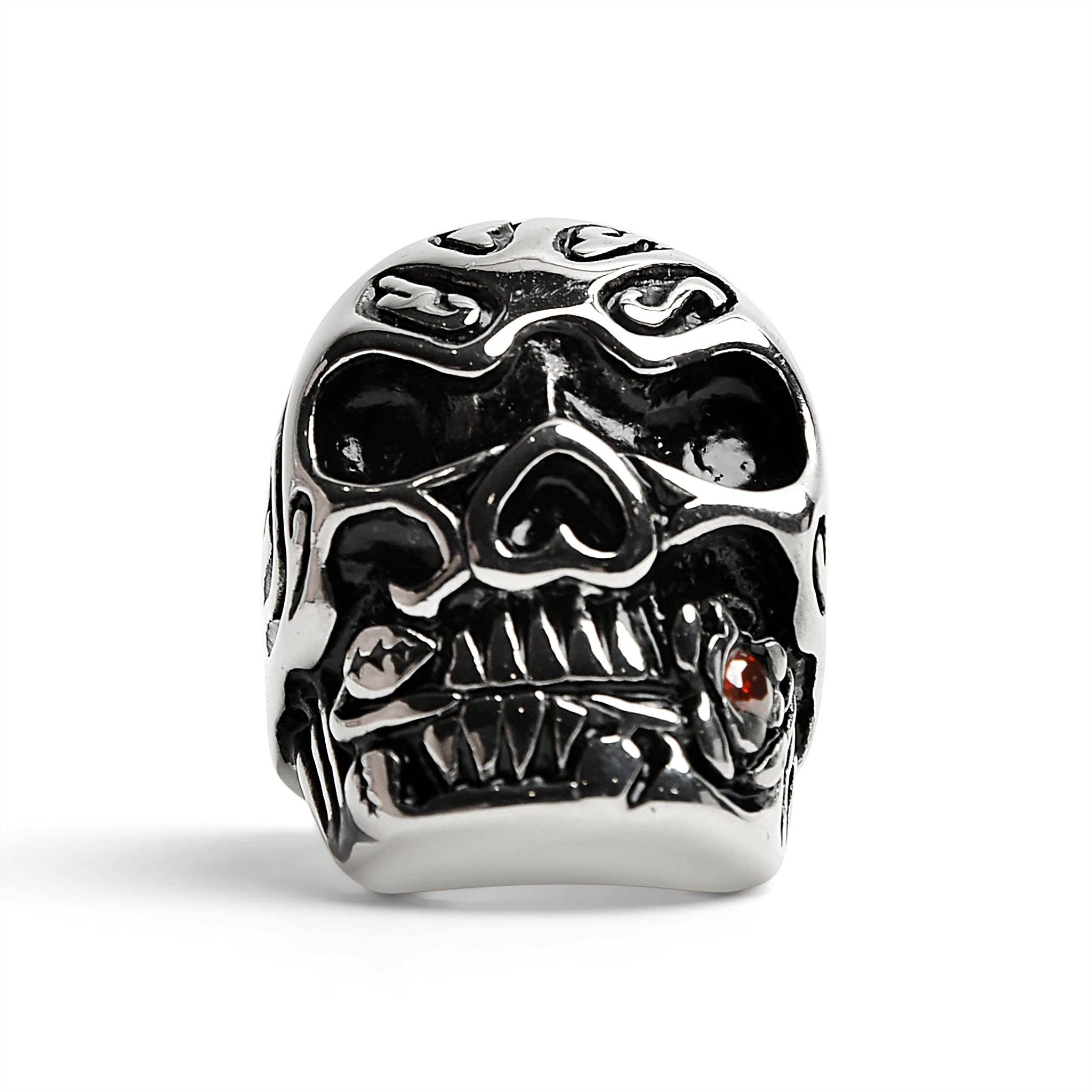 Anillo de Calavera de Acero Inoxidable Mordiendo una Rosa con Accento de CZ Roja: 10