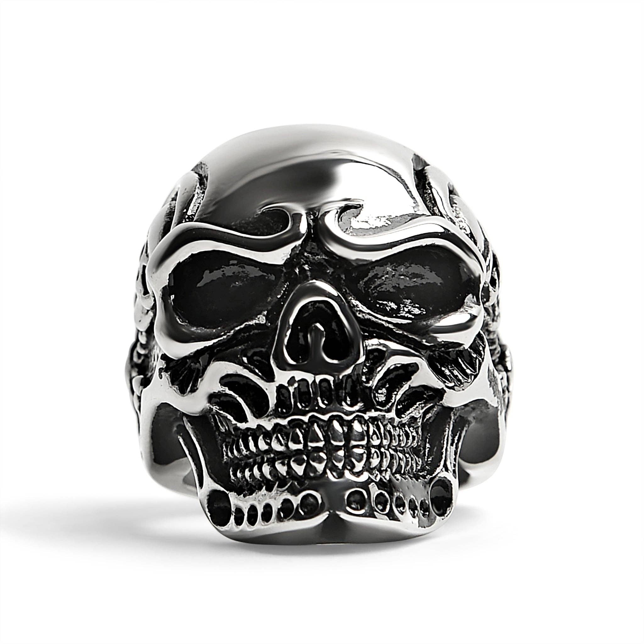 Anillo de acero inoxidable con diseño de calavera y detalles de esqueleto: 8