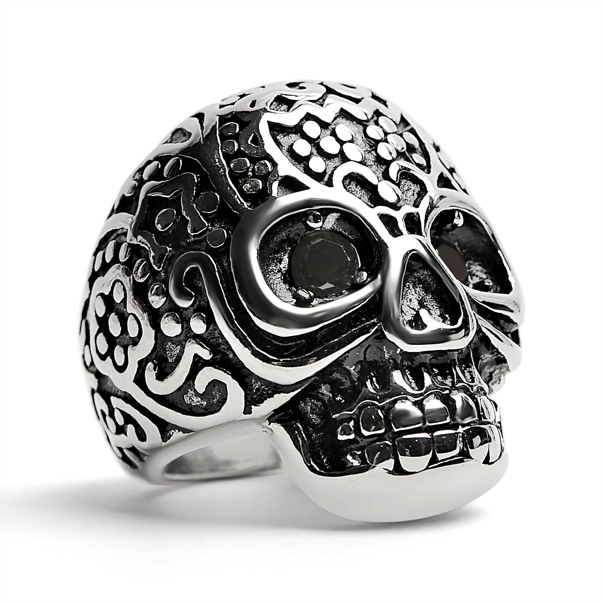 Anillo grande detallado de acero inoxidable con circonitas cúbicas negras: 8