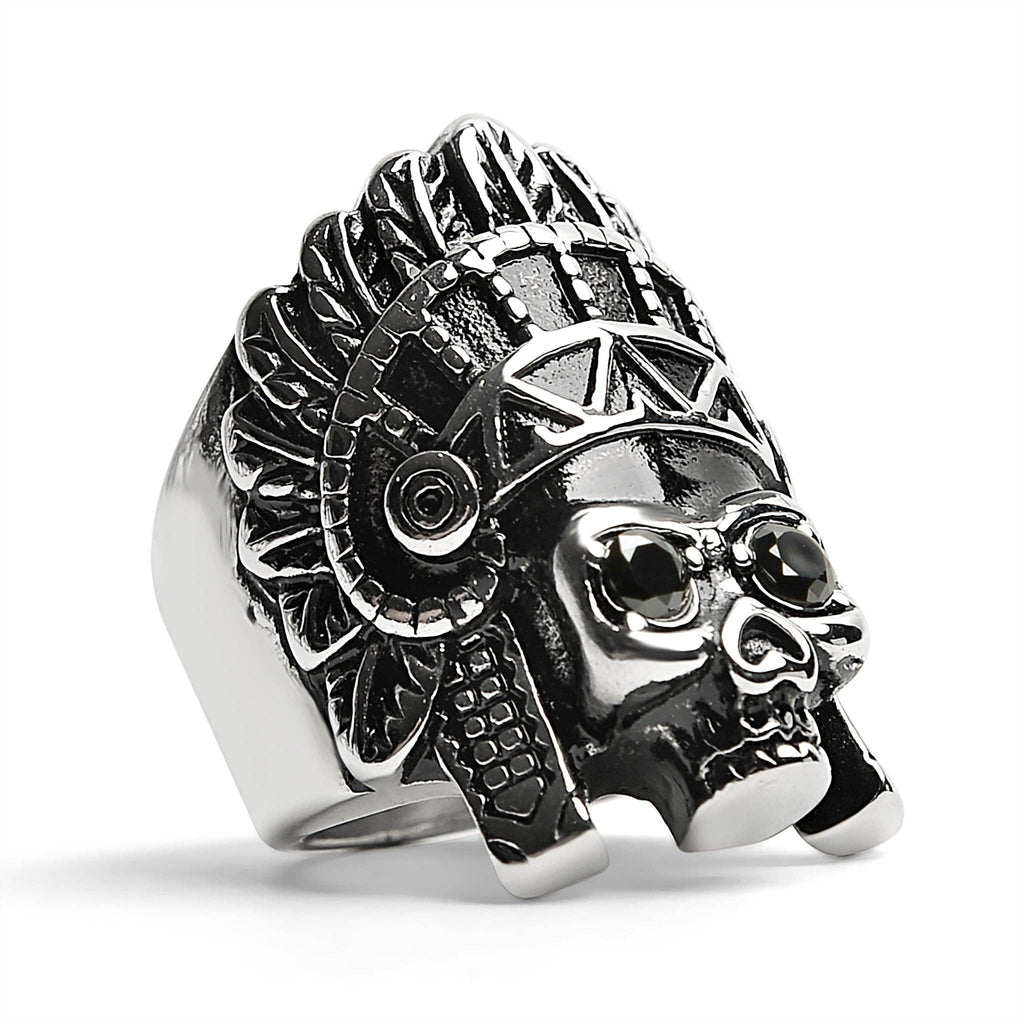 Anillo de acero inoxidable con calavera de jefe nativo americano y ojos de circonita cúbica negra: 9