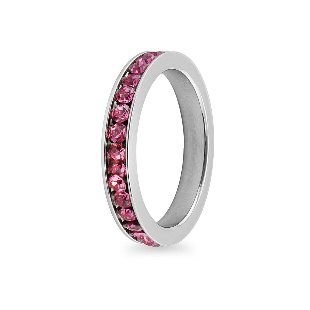 Anillo plano de acero inoxidable altamente pulido con centro de circonita cúbica rosa: 6 / 3mm