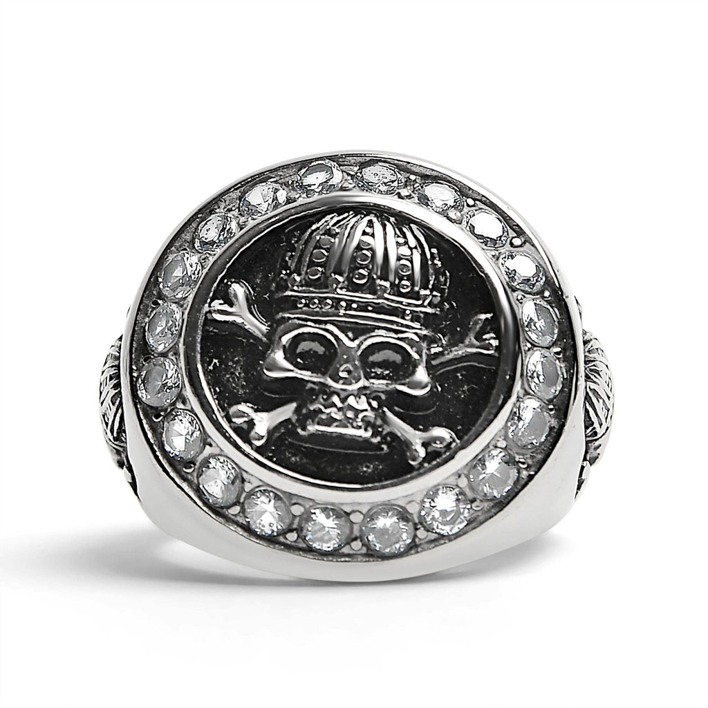 Anillo de acero inoxidable con forma de calavera real y tibias cruzadas con piedras decorativas de circonita cúbica/SCR4052: 7