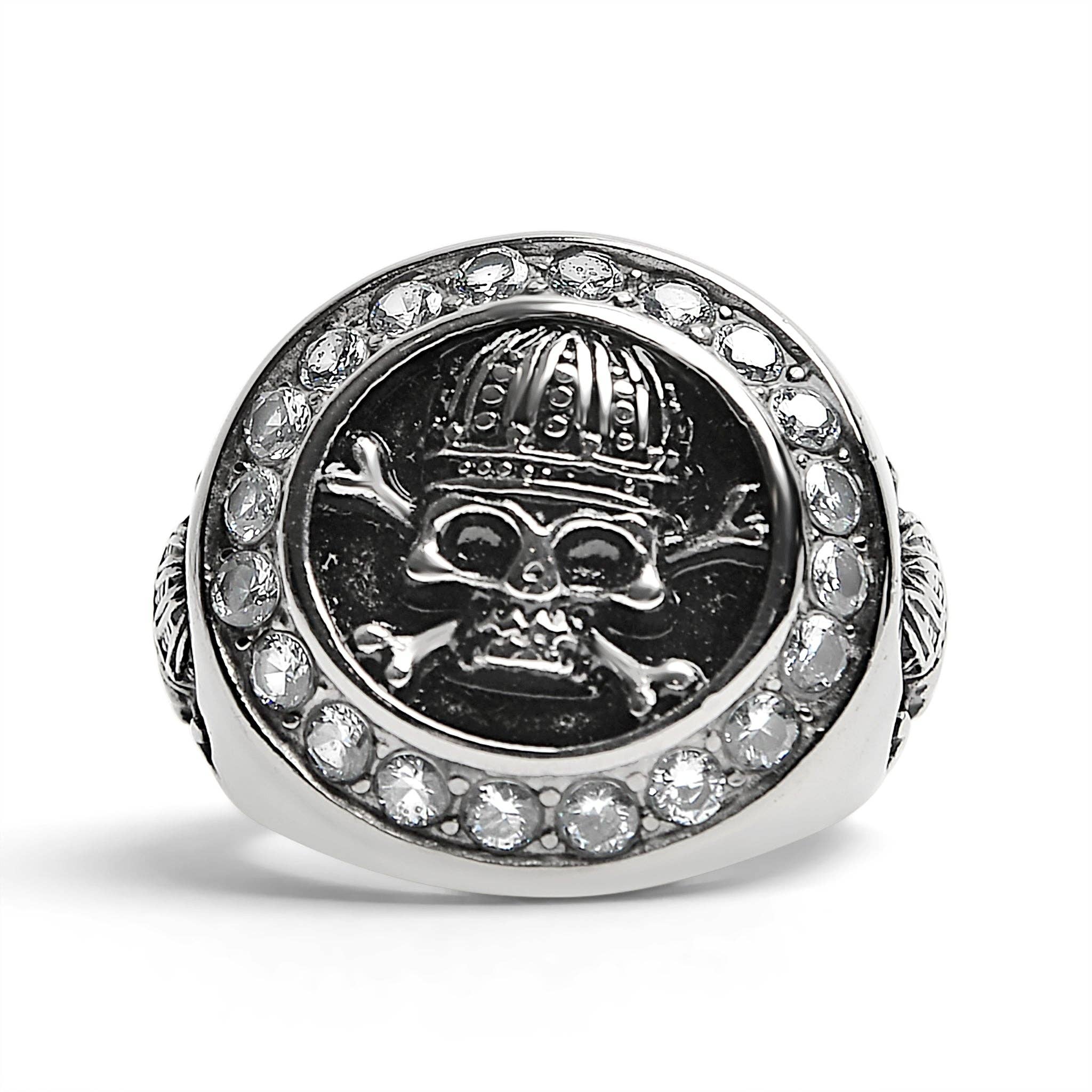 Anillo de acero inoxidable con forma de calavera real y tibias cruzadas con piedras decorativas de circonita cúbica/SCR4052: 7