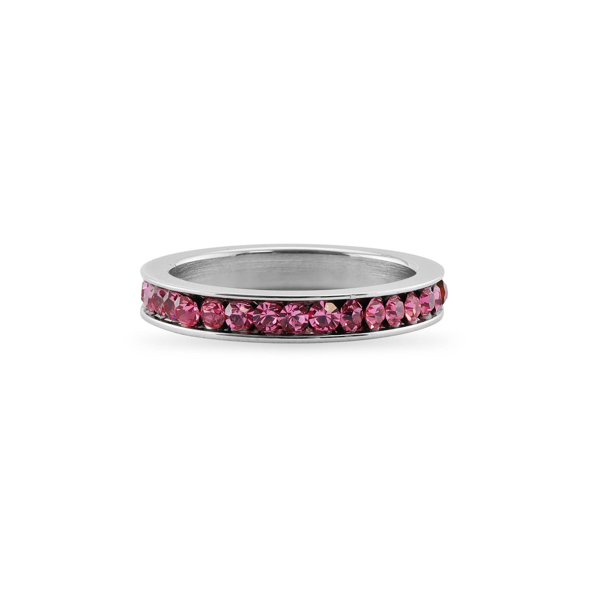 Anillo plano de acero inoxidable altamente pulido con centro de circonita cúbica rosa: 6 / 3mm