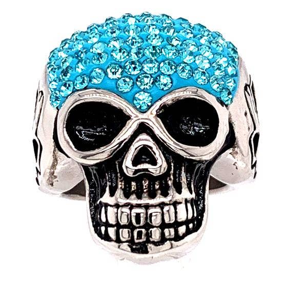 Anillo de calavera con acento de CZ azul de acero inoxidable: 8