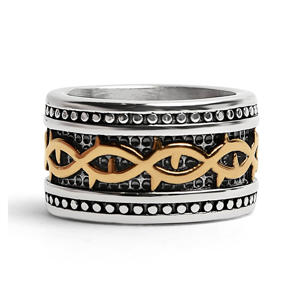 Anillo de acero inoxidable tribal detallado con revestimiento de PVD de oro de 18 quilates: 7