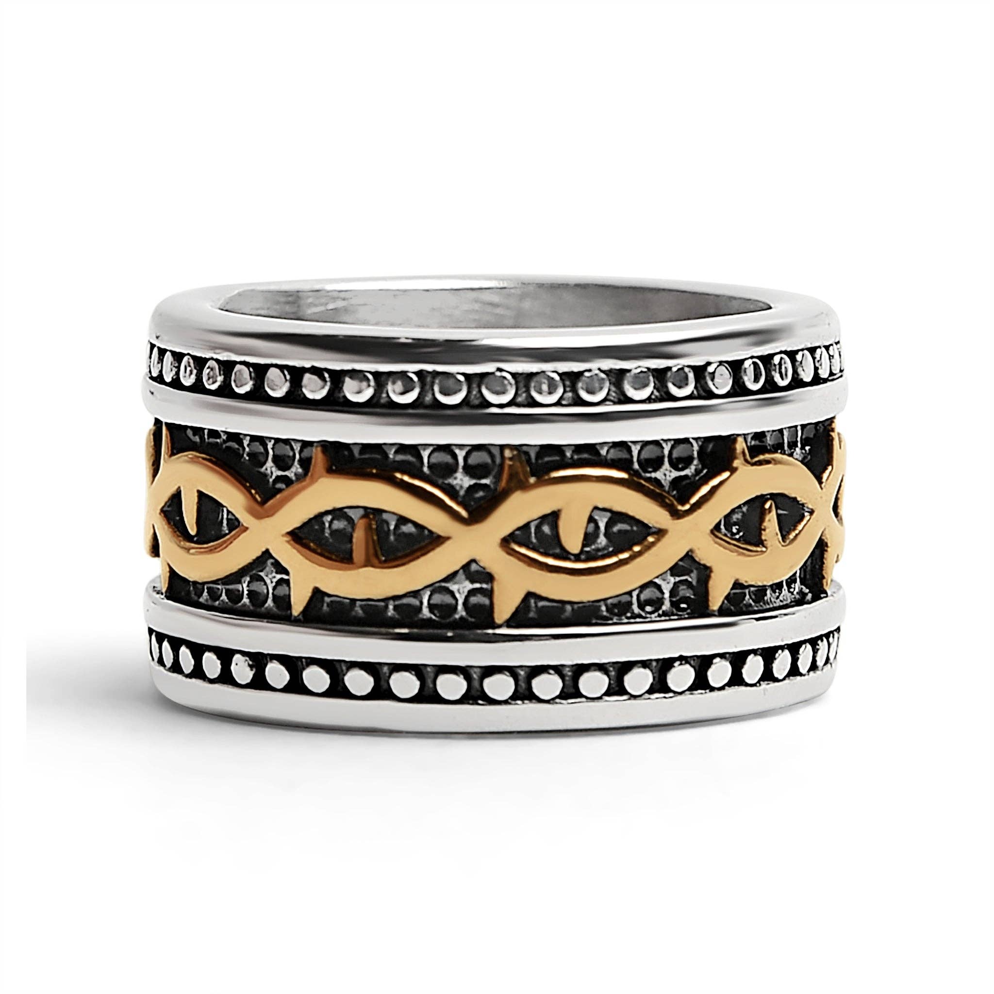 Anillo de acero inoxidable tribal detallado con revestimiento de PVD de oro de 18 quilates: 7