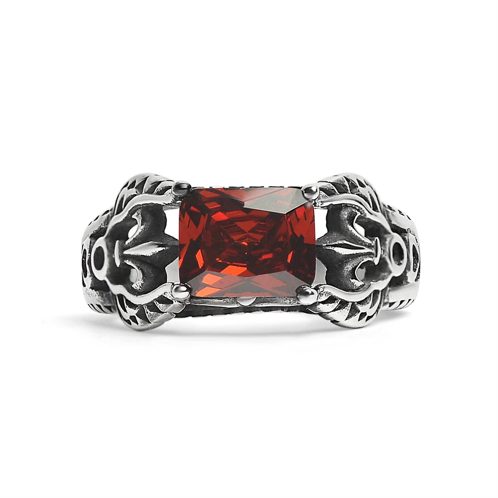 Anillo de acero inoxidable con detalles en forma de flor de lis en forma de circonita cúbica roja: 12
