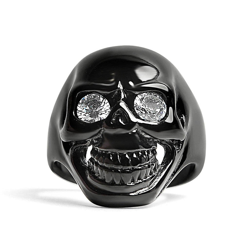 Anillo de acero inoxidable con forma de calavera negra con circonita cúbica transparente: 8