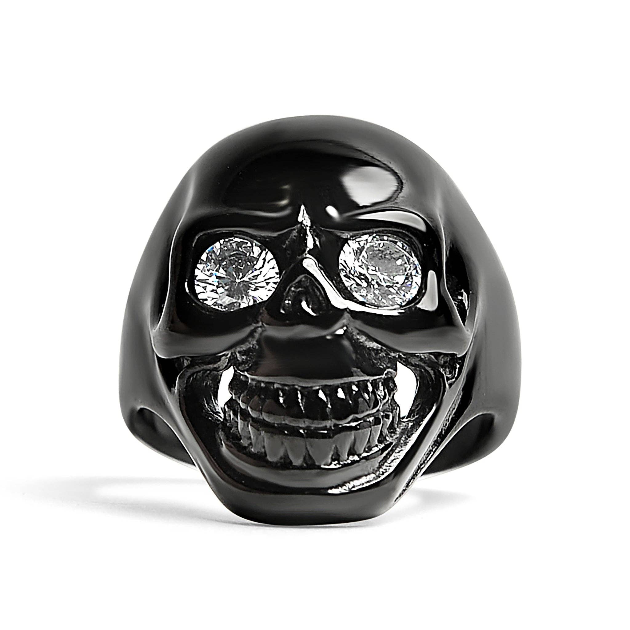 Anillo de acero inoxidable con forma de calavera negra con circonita cúbica transparente: 8