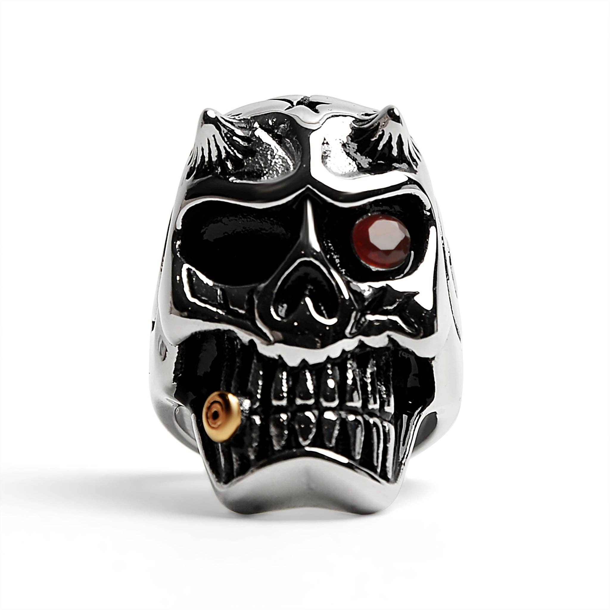 Anillo de cigarro de acero inoxidable con forma de calavera de diablo con circonita cúbica roja para fumar en oro de 18 quilates con revestimiento de PVD: 10