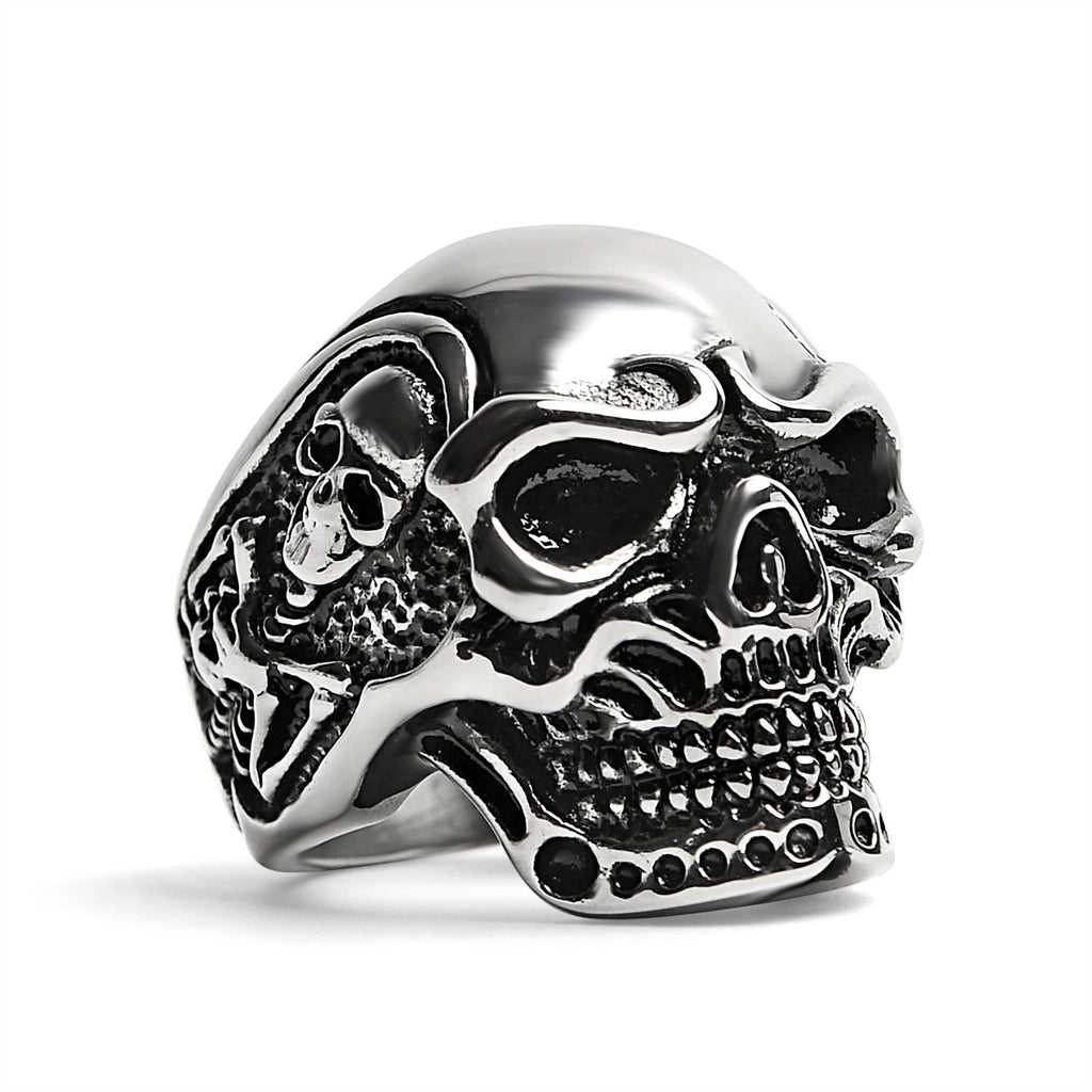 Anillo de acero inoxidable con diseño de calavera y detalles de esqueleto: 8